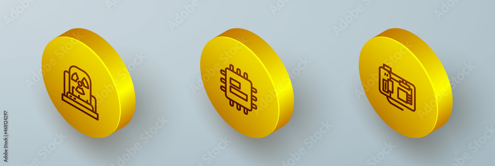 Poster set isometric line radioactive warning lamp, processor cpu and motherboard icon. vector