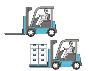 フォークリフトで段ボールを運ぶ男性の横顔のベクターイラスト素材／工場／倉庫／運搬／運送／シンプル／男性
