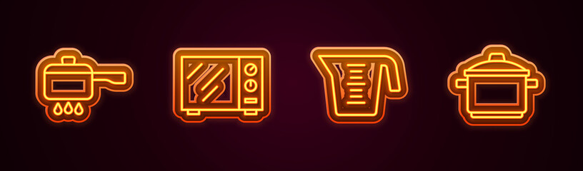 Set line Cooking pot on fire, Microwave oven, Measuring cup and . Glowing neon icon. Vector