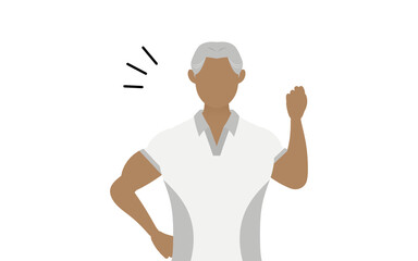 スポーツジムインストラクターシニア男性のポーズ、ガッツポーズで励ます