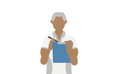 スポーツジムインストラクターシニア男性のポーズ、ボードに書き込む