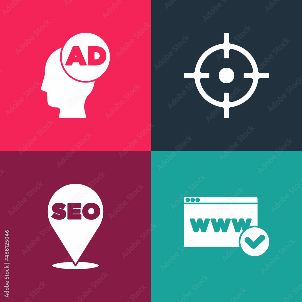 Sticker Set pop art Website template, SEO optimization, Target sport and Advertising icon. Vector