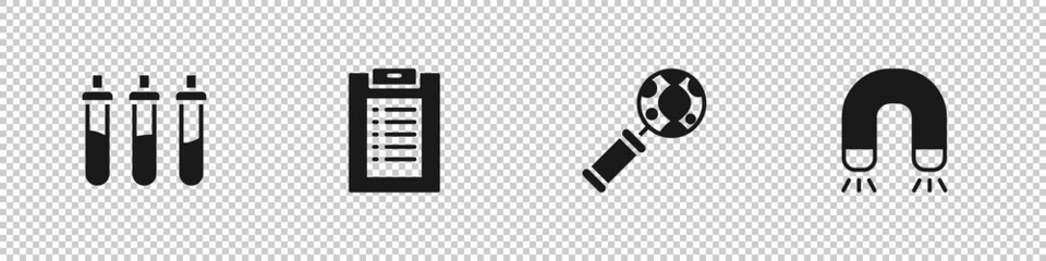 Set Reagent bottle, Clinical record, DNA research, search and Magnet icon. Vector