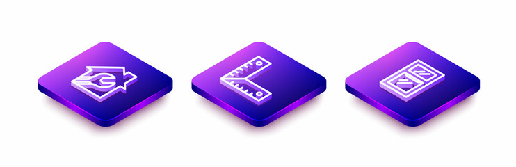Set Isometric line House with wrench spanner, Corner ruler and Window in room icon. Vector