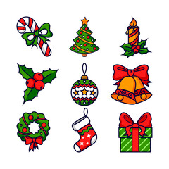 Christmas icon set. Christmas tree, Sock, wreath, bells, candy cane, ball, candle, gift box, poinsettia flower