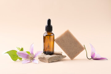 Natural balancing composition with serum or natural oil, cosmetic skin care, vegan soap and...