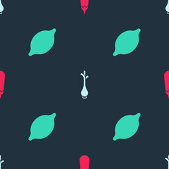 Obraz premium Set Eggplant, Fresh green onions and Lemon on seamless pattern. Vector