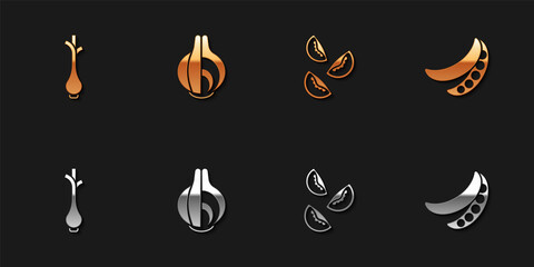 Set Fresh green onions, Onion, Tomato and Green peas icon. Vector