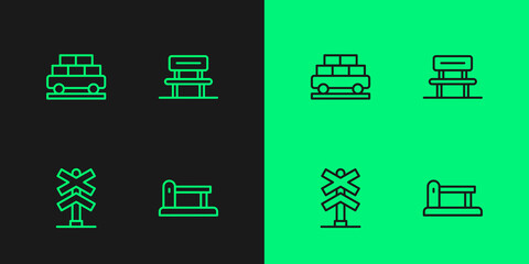 Set line Railway barrier, Railroad crossing, Cargo train wagon and Waiting hall icon. Vector