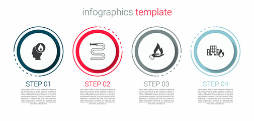 Set Firefighter, hose reel, Hand holding a fire and burning buildings. Business infographic template. Vector