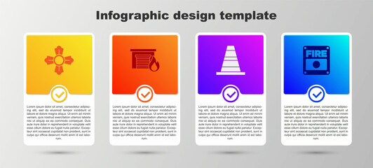 Set Firefighter, in burning garage, Traffic cone and alarm system. Business infographic template. Vector