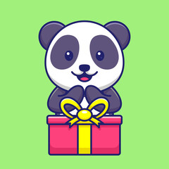 Cute Panda With Gift Box Cartoon Vector Icon Illustration. Animal Mascot Concept Isolated Premium Vector. Flat Cartoon Style