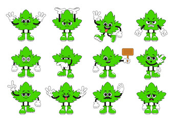 Marijuana mascot. A cute character in a cartoon style, a cheerful helper, laughing and waving his hands, either sad, angry, hypnotized, pointing or holding something. Vector set