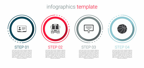 Set Online class, School Bus, Certificate template and Basketball ball. Business infographic template. Vector