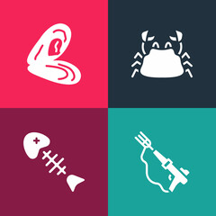 Set pop art Fishing harpoon, skeleton, Crab and Mussel icon. Vector