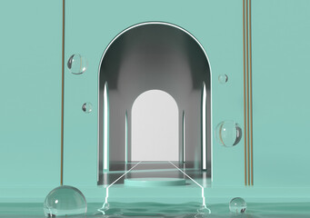 3d render, abstract modern minimal background with cobblestones and reflection in the water on the wet floor. Trendy showcase with golden round frame and empty platform for product displaying.