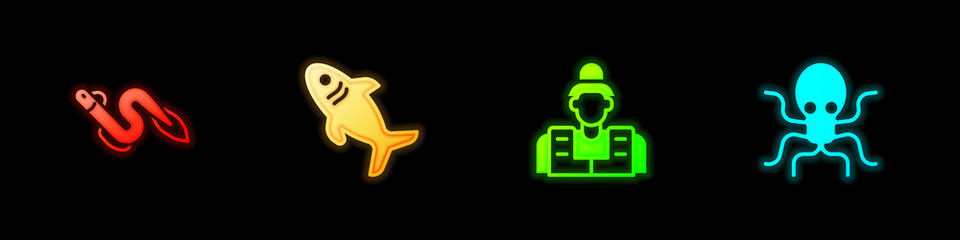 Set Eel fish, Shark, Fisherman and Octopus icon. Vector