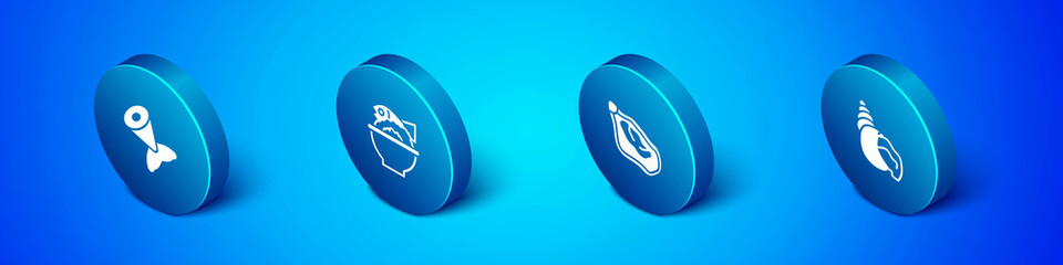 Set Isometric Fish tail, Mussel, Scallop sea shell and Served fish on bowl icon. Vector
