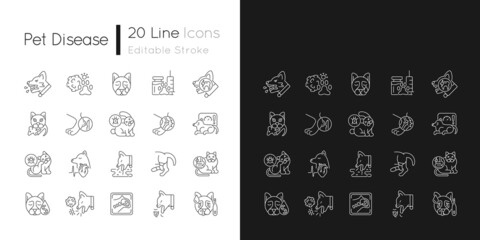 Pet disease linear icons set for dark and light mode. Infectious and viral illness. Veterinary examination. Customizable thin line symbols. Isolated vector outline illustrations. Editable stroke