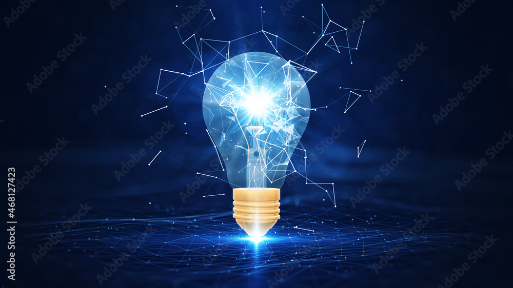 Aufkleber Creativity and new ideas. There is a light bulb in the middle. Interconnected polygons around an electric bulb. dark blue background.