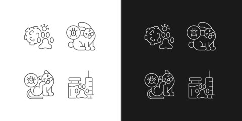 Pet parasites linear icons set for dark and light mode. Fleas and ticks. Ear infection. Domestic animal vaccine. Customizable thin line symbols. Isolated vector outline illustrations. Editable stroke