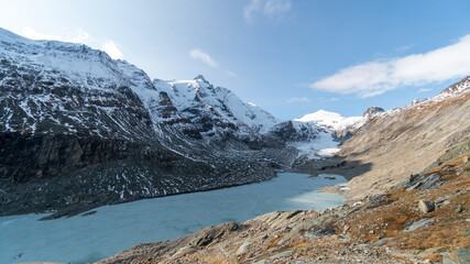 Frozen lake glacier in the snow-covered mountains mountains
