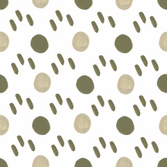 Green and grey polka dot and brushstroke seamless pattern on white background