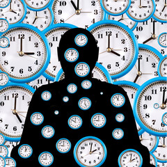 The outline of the black figure of a seated person inside which clock mechanisms are chaotically placed.