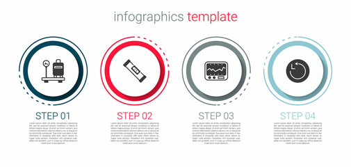 Set Scale with suitcase, Construction bubble level, Measuring instrument and Radius. Business infographic template. Vector