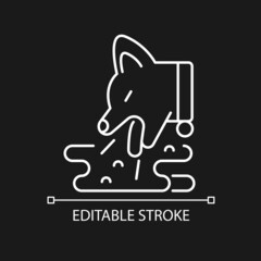 Vomiting pet white linear icon for dark theme. Emesis and throwing up. Stomach content explosion. Thin line customizable illustration. Isolated vector contour symbol for night mode. Editable stroke