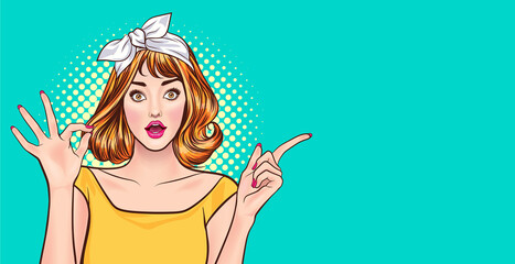 surprised woman looking with okay gesture and point