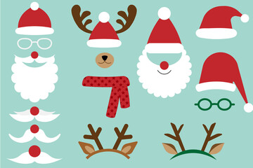 Christmas elements of Santa hats, beard, mustaches and reindeer antlers headband