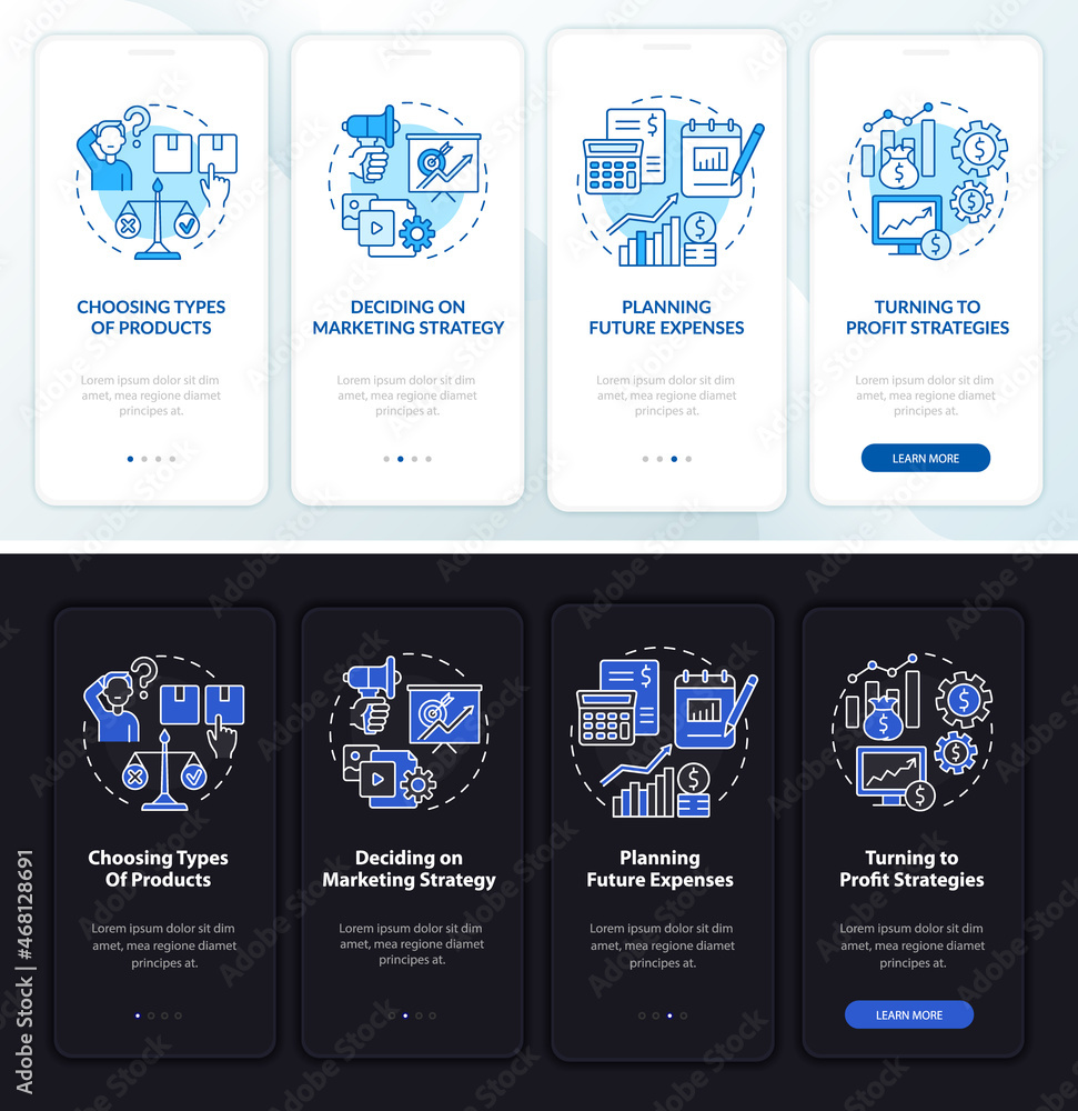 Poster business structures onboarding mobile app page screen. company services walkthrough 4 steps graphic 