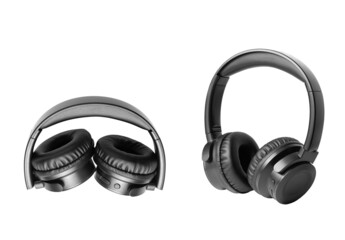 wireless headphones on white isolated background in folded and unfolded position. New technologies.