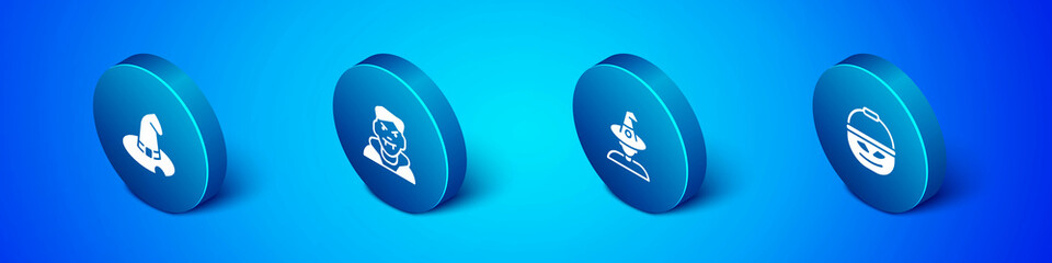 Set Isometric Witch hat, , Pumpkin basket for sweets and Vampire icon. Vector