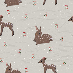 Vintage Christmas seamless texture from New Collection. Cute Christmas Reindeer Calf.
