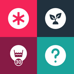 Set pop art Unknown search, Temperature wash, Plant based and Medical symbol of the Emergency icon. Vector