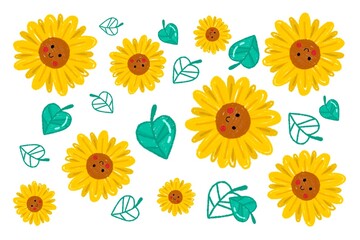 set of sunflowers vector background, pattern hand drawn
