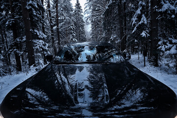 car winter forest travel, background december nature