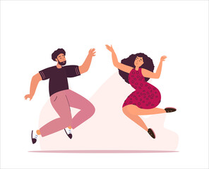Fototapeta na wymiar Happy Woman and Man Jumping on White Background. Young Joyful Characters Jump or Dancing with Raised Hands. Happiness, Freedom, Motion and Motivational Concept. Cartoon People Vector Illustration