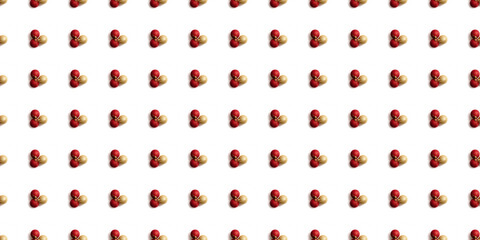Seamless pattern with red and golden Christmas toy balls on a white background. Christmas texture. Holiday design mockup concept. Poster wallpaper. Festive banner. Template. New year greeting card