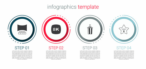 Set Cinema auditorium with screen, 8k Ultra HD, Paper glass water and Walk of fame star. Business infographic template. Vector
