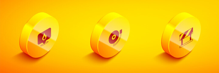 Set Isometric Location with fire flame, Ringing alarm bell and Road barrier icon. Vector