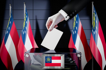 Georgia flags, hand dropping ballot card into a box - voting, election concept - 3D illustration