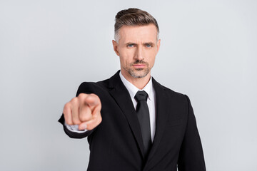 Photo of handsome attractive young recruiter wear black jacket pointing finger you isolated grey color background