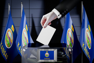 Kansas flags, hand dropping ballot card into a box - voting, election concept - 3D illustration - obrazy, fototapety, plakaty