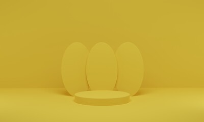 3D rendering. Yellow cylinder podium minimal studio background. Abstract geometric shape platform with empty space.