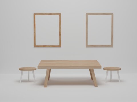 Mock up photo frame in dining room with wood chairs and table. Abstract minimal scene dining room design. 3D render, 3D illustration