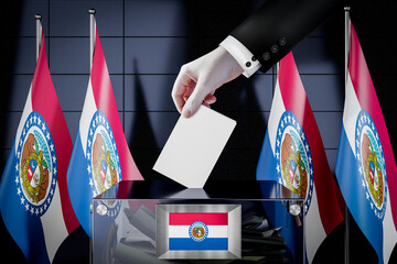 Missouri flags, hand dropping ballot card into a box - voting, election concept - 3D illustration
