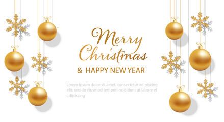 Merry Christmas and Happy New Year background with hanging golden snowflakes and Christmas balls. For ad banner design template, poster, flyer, header. Winter holiday ornament.